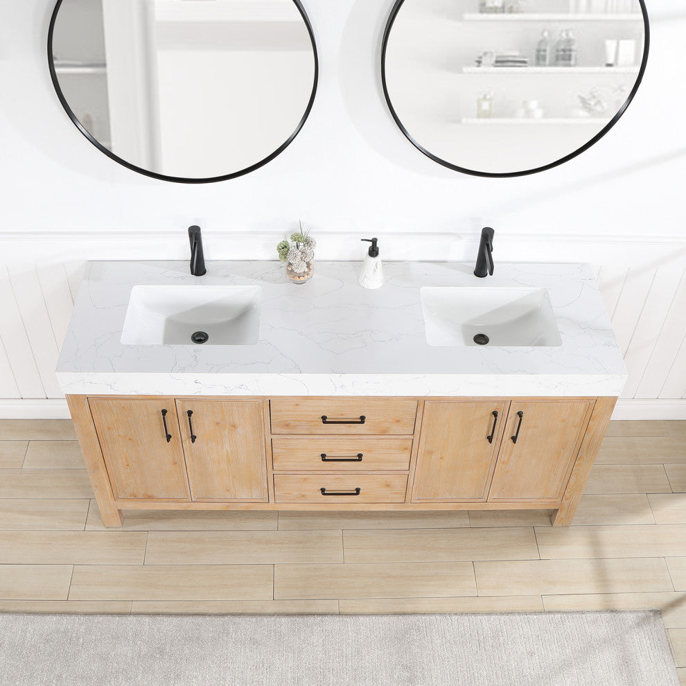 Leon Bath Vanity With Composite Stone Top, Fir Wood Brown, 72", With Mirror