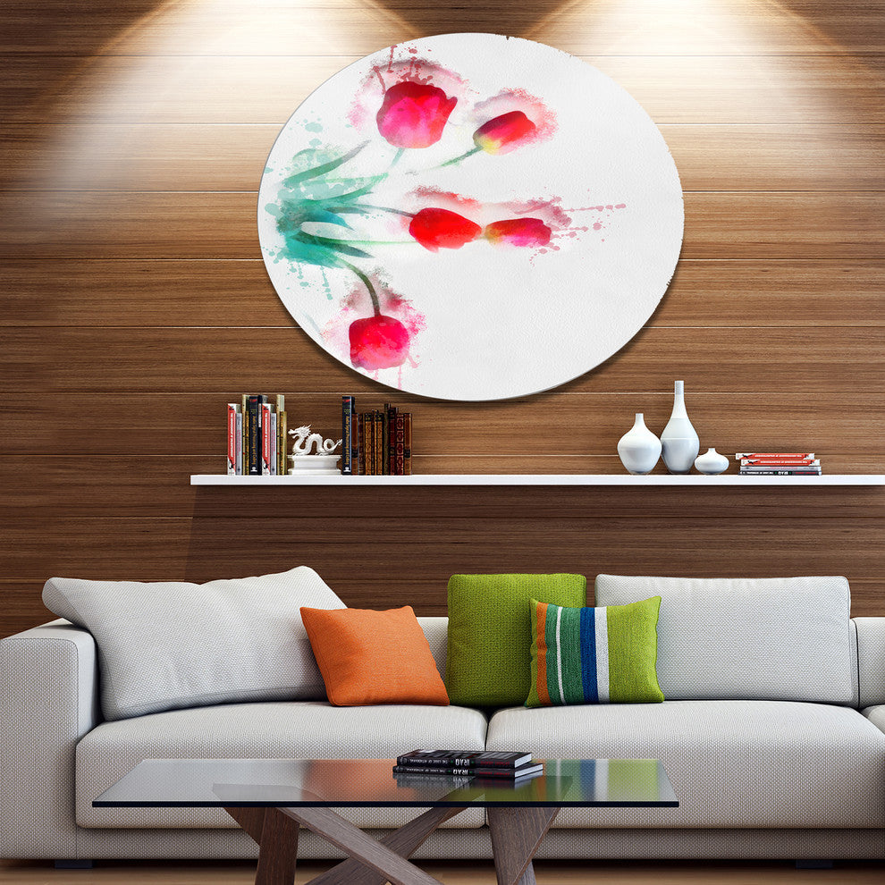 Bunch Of Red Tulips Watercolor, Floral Large Disc Metal Wall Art, 36"