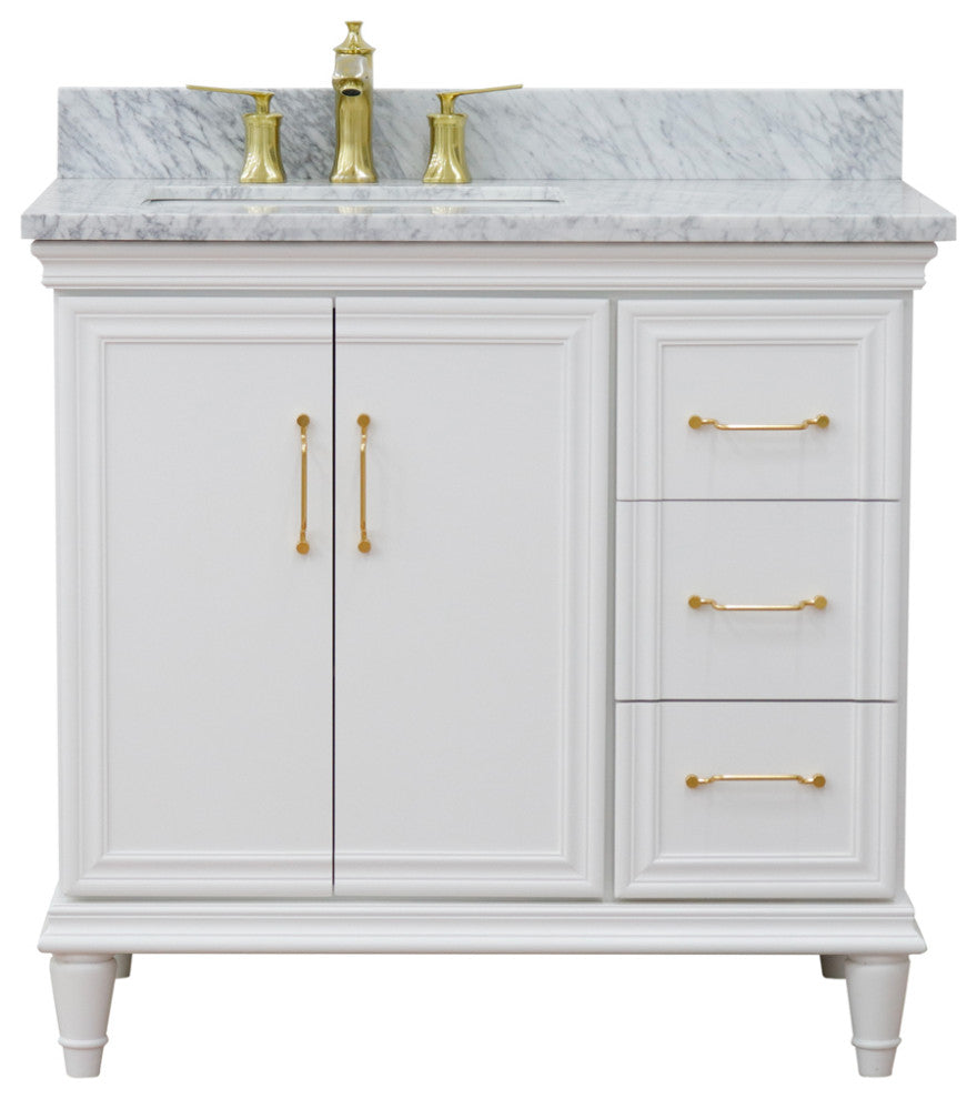37" Single Vanity, White Finish With White Carrara