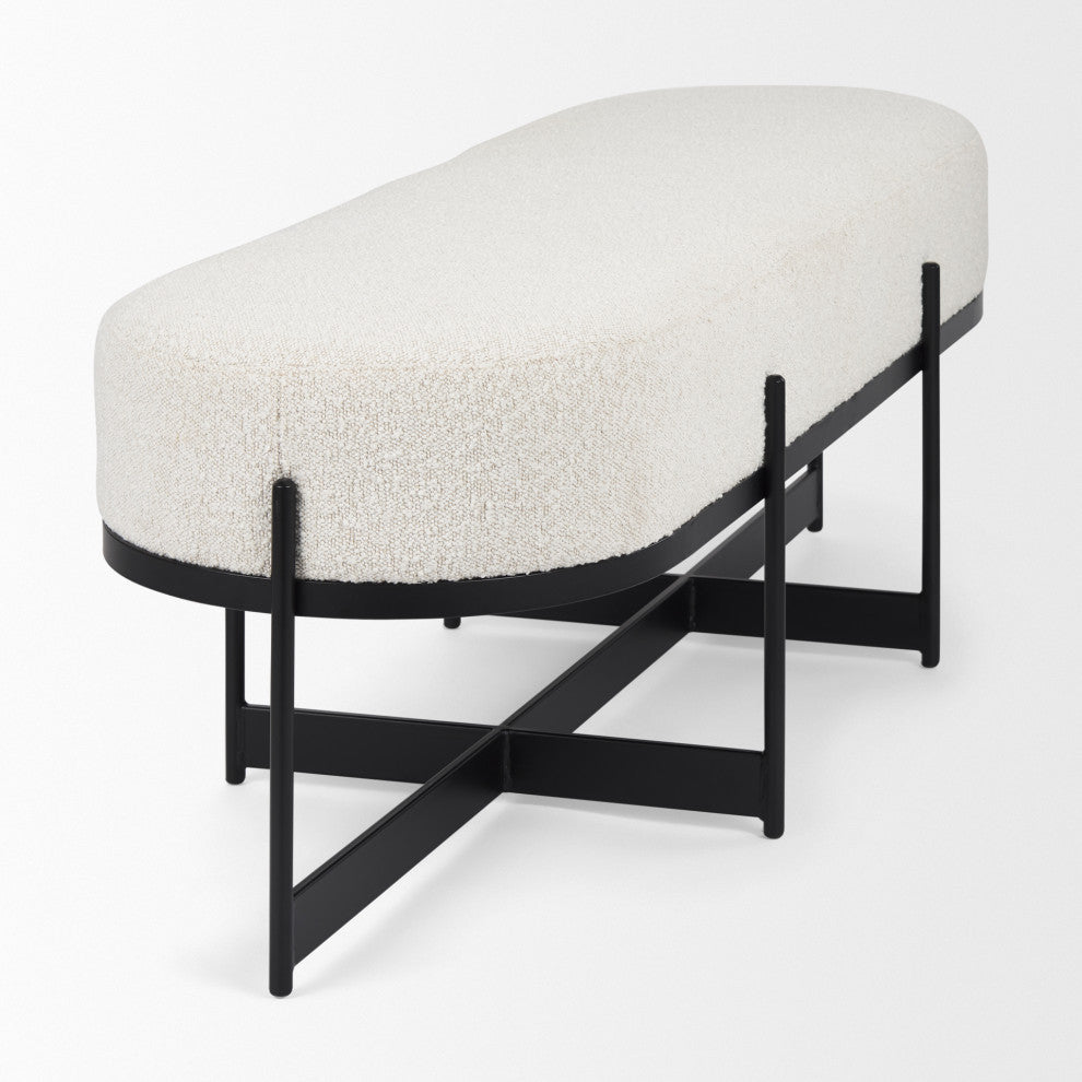 Amelia Cream Boucle Fabric Seat w/ Black Metal Base Upholstered Bench