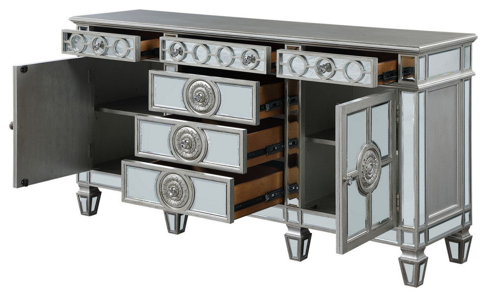 Benzara BM263898 Server With 6 Mirrored Drawers and 2 Single Doors, Silver