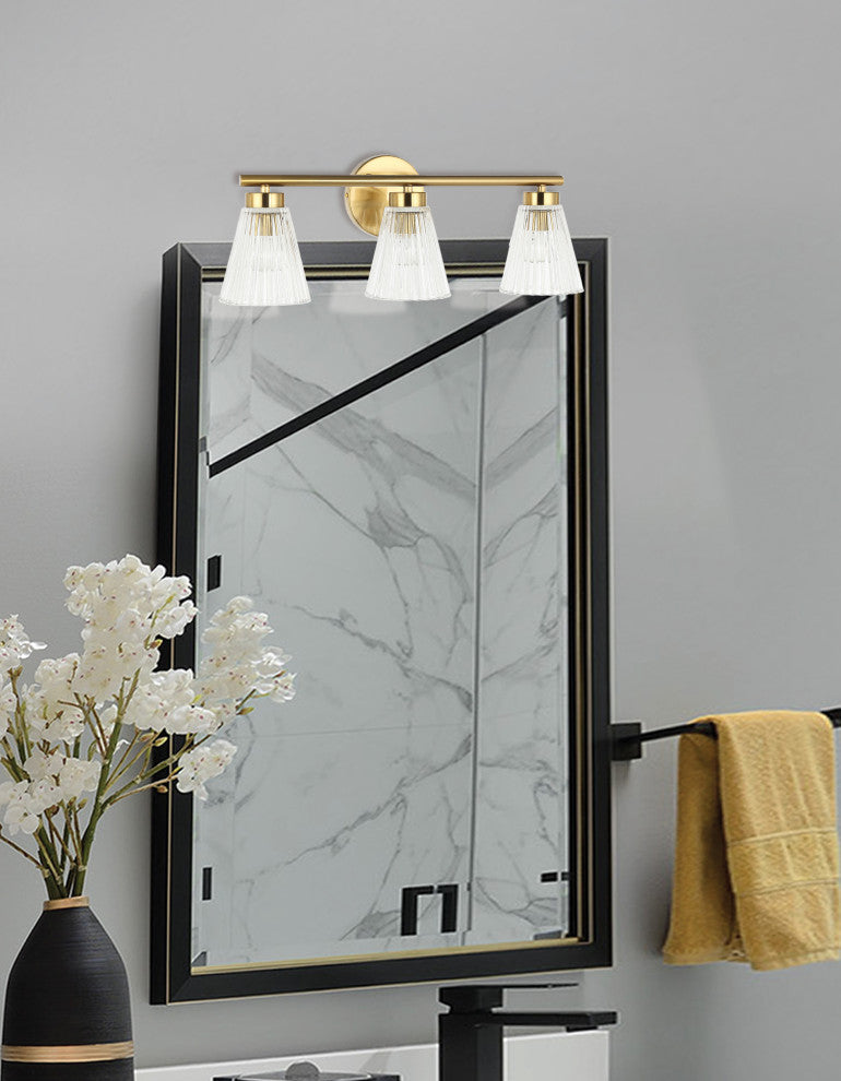 Vienna Vanity, 3-Light, Aged Brass, Clear Ribbed Glass