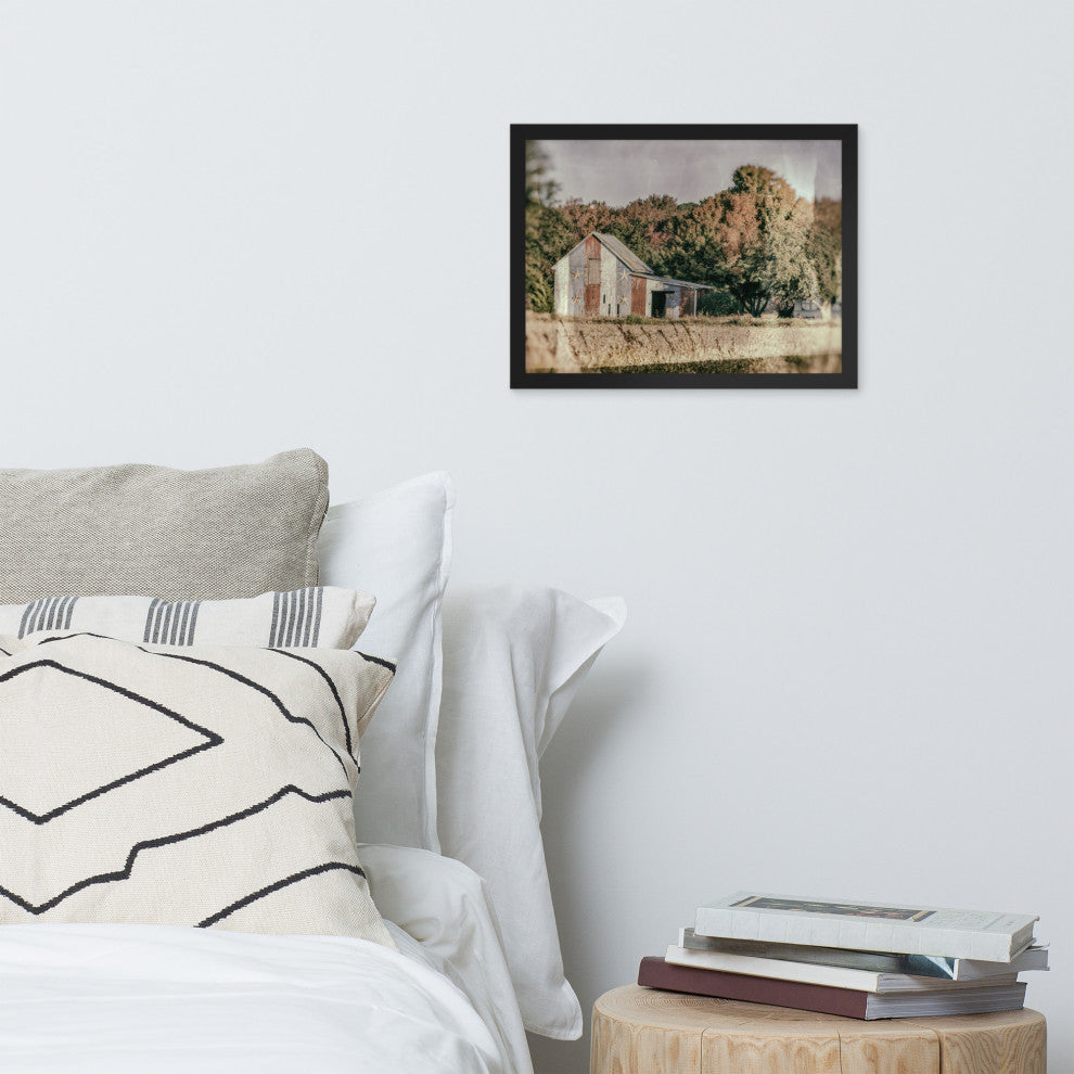 Patriotic Weathered Barn in Field Glass Plate Framed Photo Paper Wall Art Prints, Black, 12" X 16"