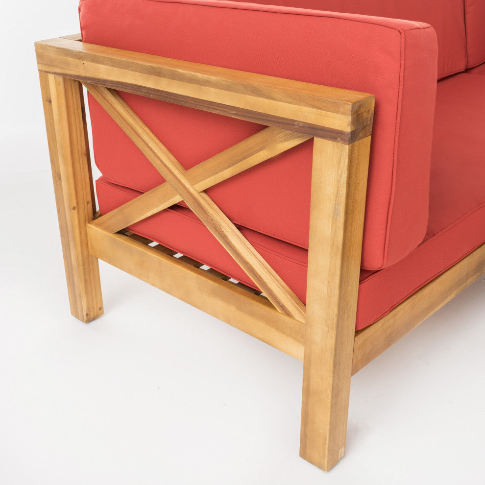 Keith Outdoor Left Arm Loveseat and Coffee Table Set, Red/Teak