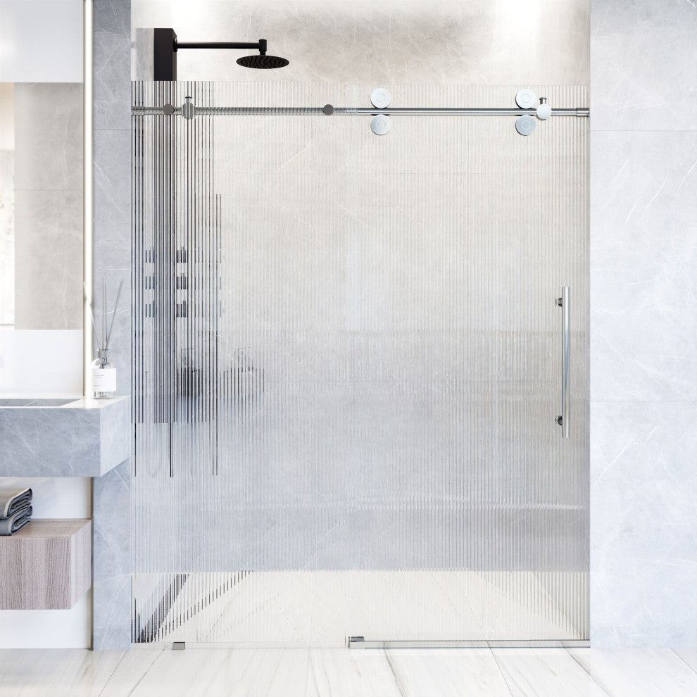 VIGO Elan 56" to 60" W x 74" H Frameless Sliding Shower Door, Chrome, Right, Fluted Glass