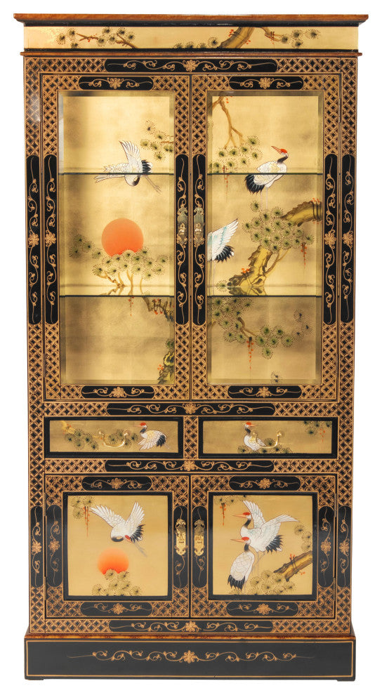 Gold Lacquer Curio Cabinet Cranes
