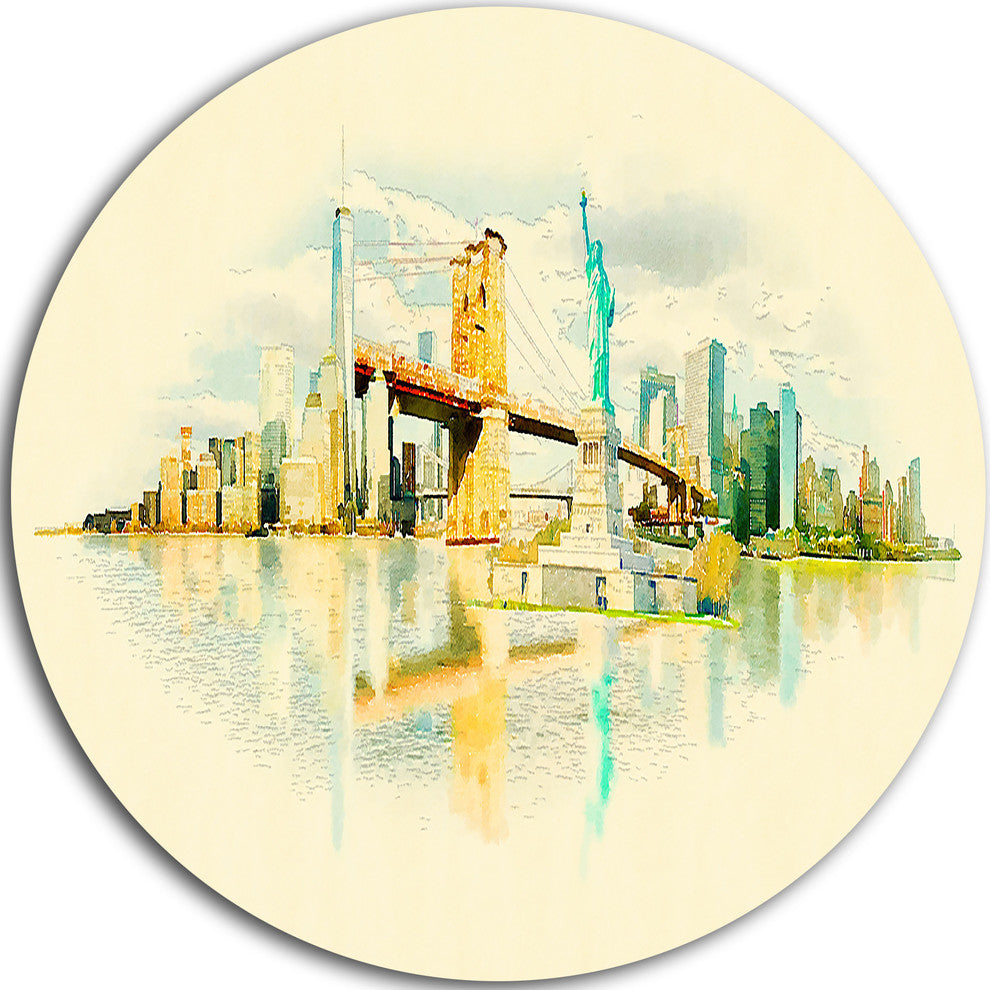 New York Panoramic View, Cityscape Watercolor Round Wall Art, 36"