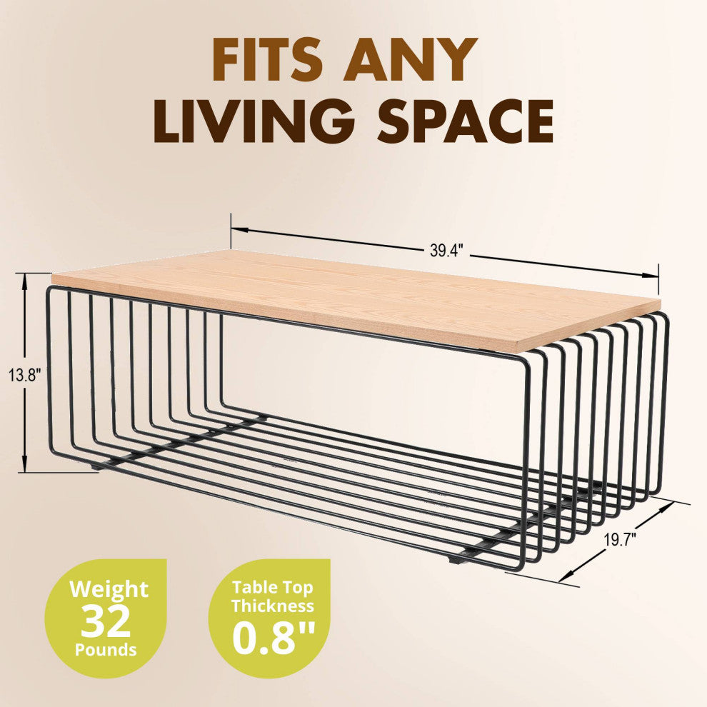 LeisureMod Walden Rectangular Coffee Table Powder Coated Steel Frame, Black