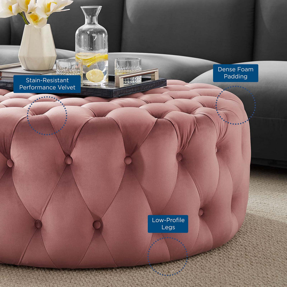 Round Ottoman Accent Tufted Chair, Pink, Velvet, Modern, Lounge Hospitality
