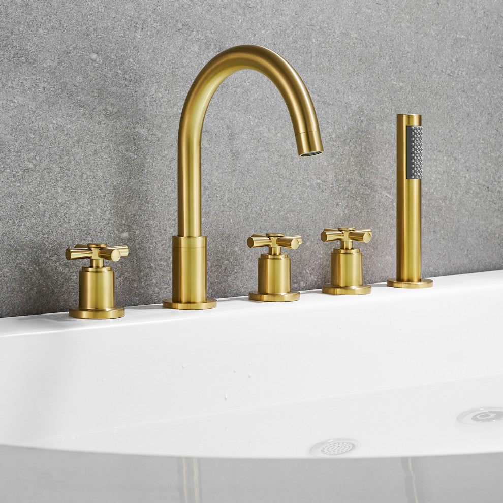 Sorlia Cross Handles Deck-Mount Roman Tub Faucet With Handshower, Brushed Gold