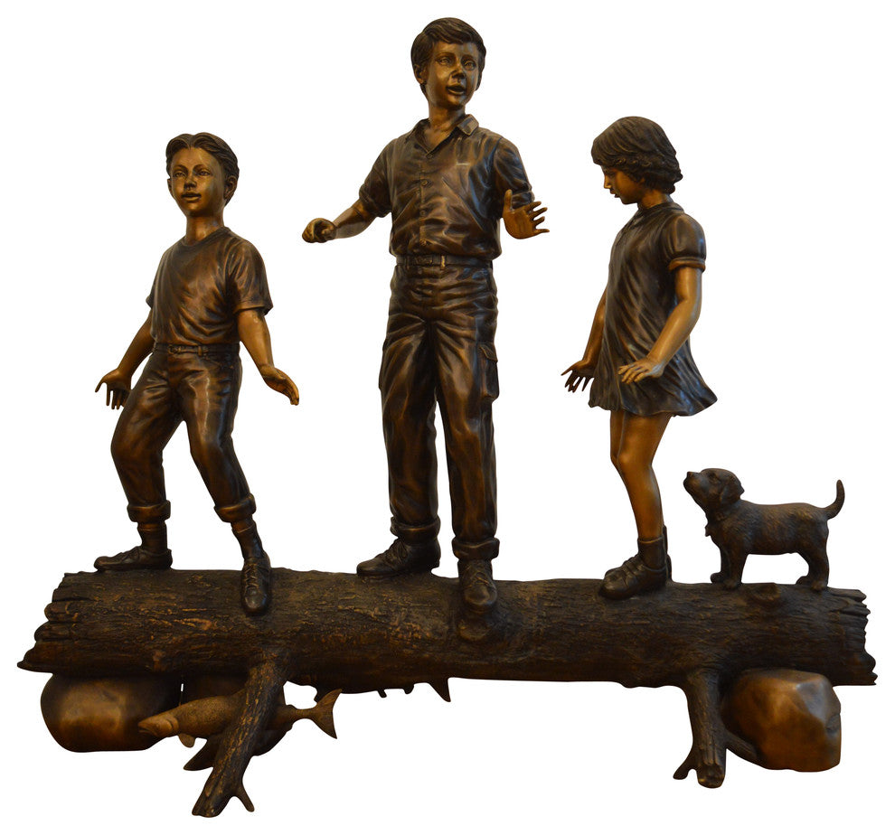 Three Kids With A Dog On A Log Bronze Statue