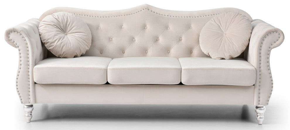 Hollywood Velvet Tufted Sofa, Ivory