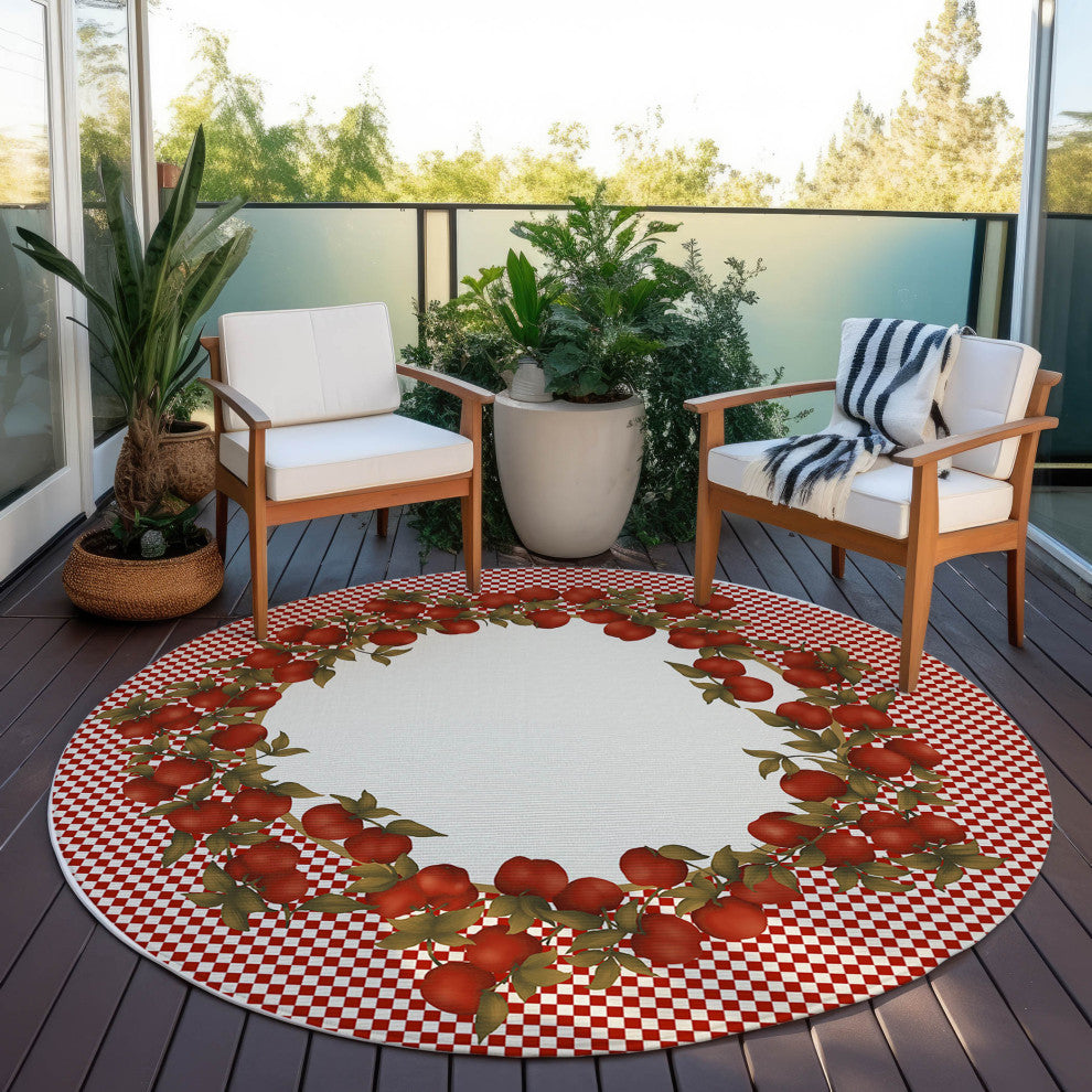 Indoor/Outdoor Kendall KE9 Red Machine Washable 8' x 8' Round Rug