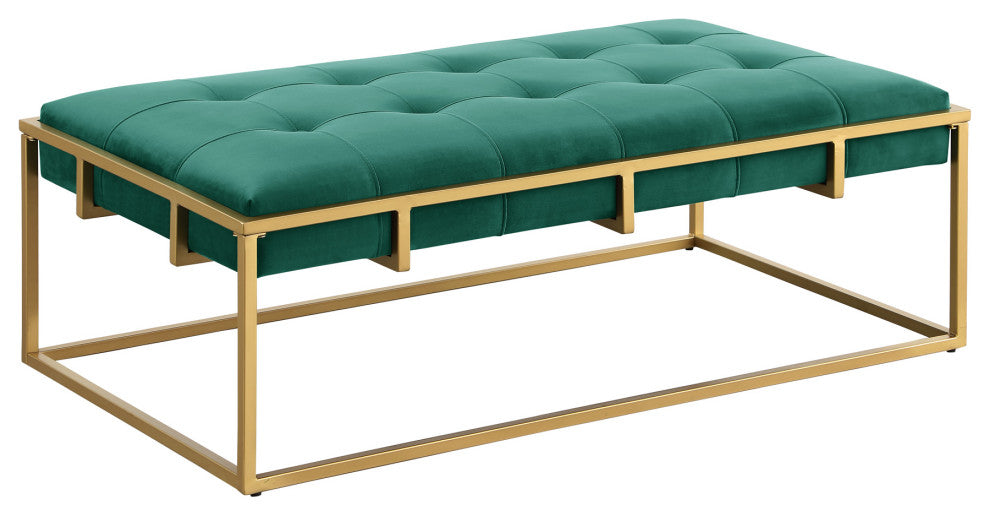 Anika Contemporary Velvet Tufted Rectangular Ottoman with Gold Base, Green