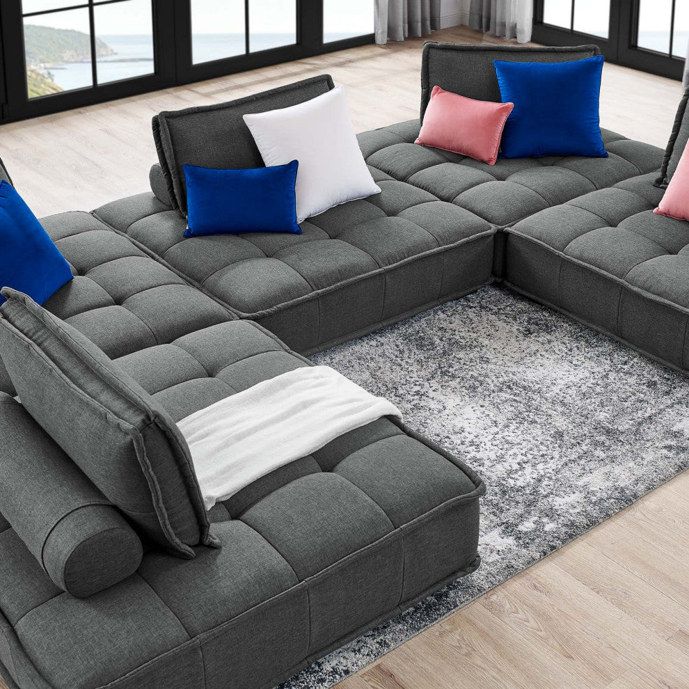 Modular Deep Tufted Sectional Sofa Set, Gray, Fabric, Modern, Hospitality