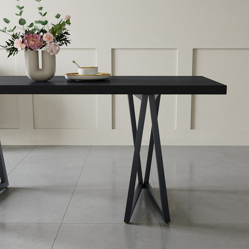 63" Rectangular Dining Table Black Solid Wood Table Top Square Metal Base, Black