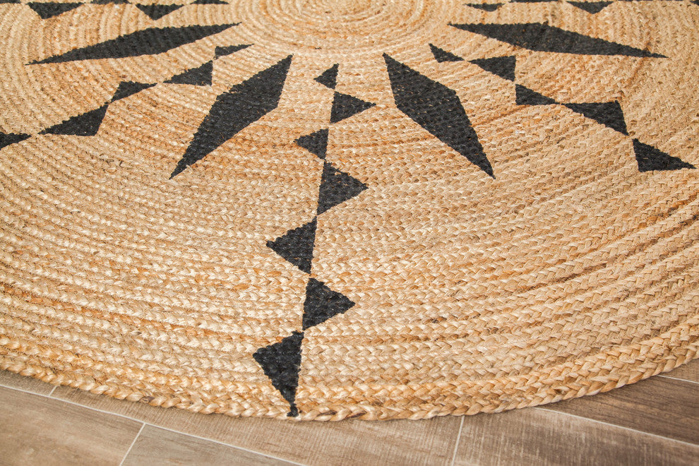 Jute Round Tribal Line Black Print, 6' Round