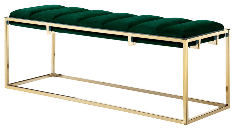 50" Green And Gold Upholstered Velvet Bench