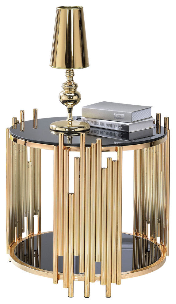 Benzara Modern Metal and Glass End Table with Tubing Design, Black and Gold