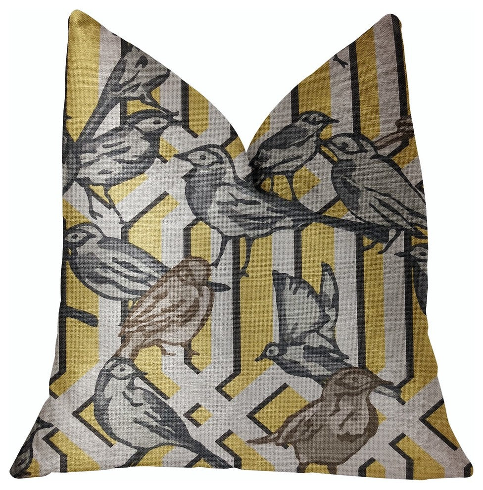 Song Bird Gardens Yellow, Beige and Gray Luxury Throw Pillow, 20"x36" King