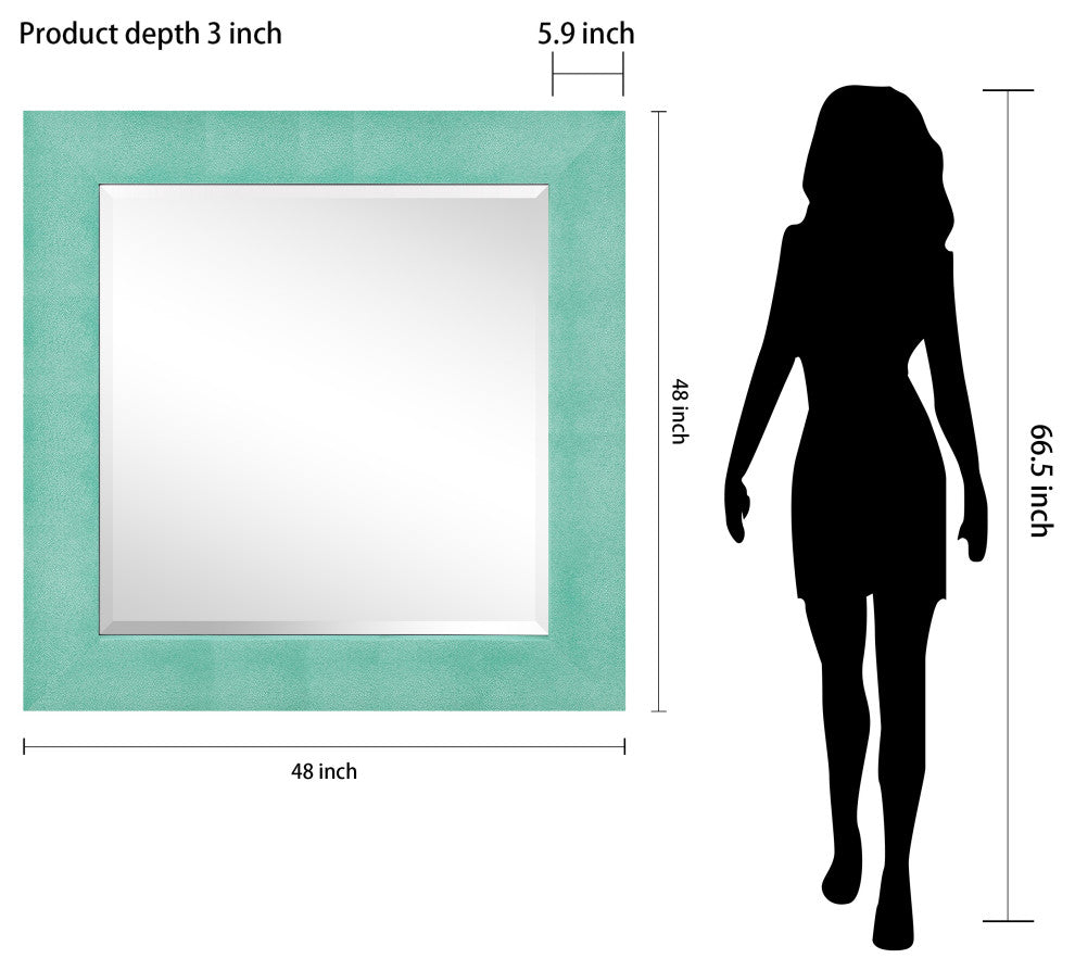 Beveled Wall Mirror, Teal Metallic Shagreen Leather Framed Square Mirror 48x48