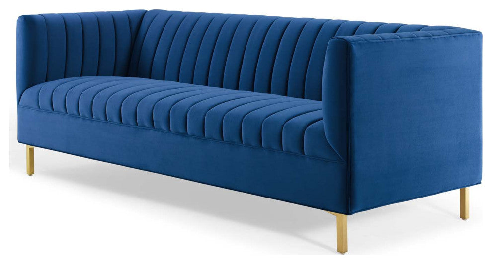 Tufted Sofa, Velvet, Blue Navy, Modern, Living Lounge Hotel Lobby Hospitality