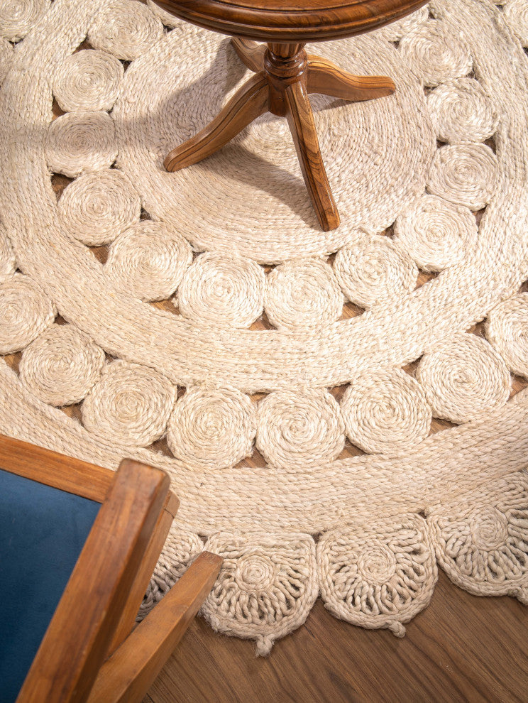 HAND WOVEN JUTE ECO-FRIENDLY AREA RUGS  - Round, White, Oriental, Indoor Outdoor, [Round] 6'7''x6'7''
