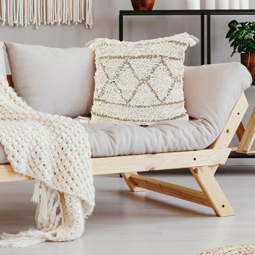 Boho-Chic Diamond Jute and Cotton Throw Pillow, 20" X 20"
