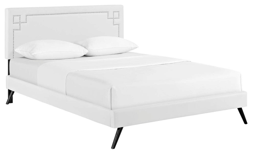 White Ruthie Full Vinyl Platform Bed with Round Splayed Legs