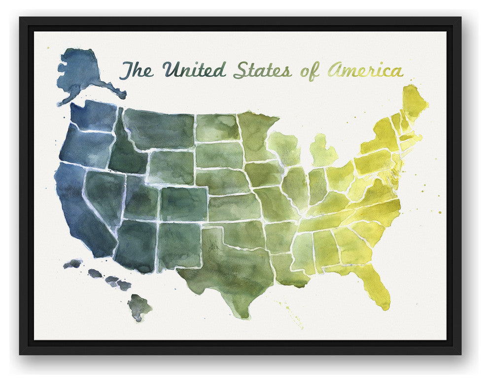 United States Blue and Green Watercolor Map 18x24 Black Floating Framed Canvas