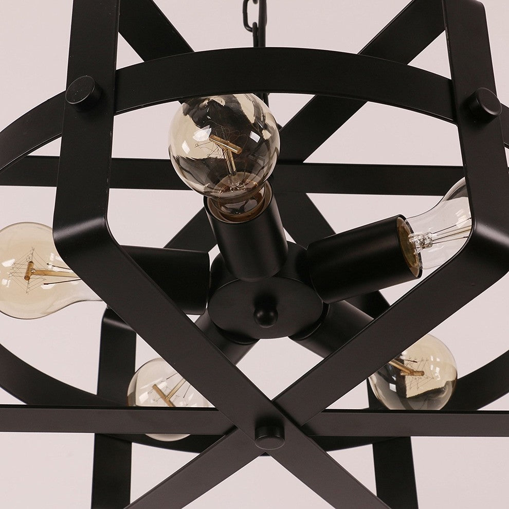 Drum Shape Round Metal Pendant with 5 Bulb Sockets, Antique Black