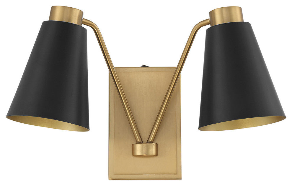2-Light Wall Sconce, Matte Black With Natural Brass