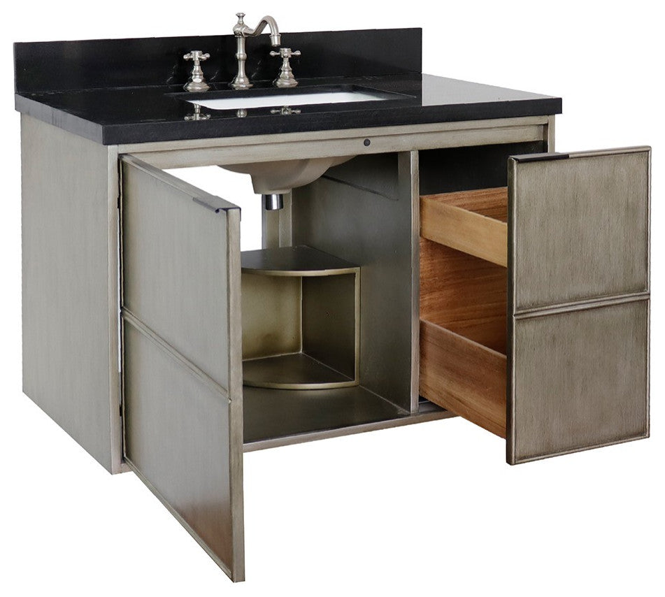 37" Single Wall Mount Vanity, Linen Brown Finish With Black Galaxy Top