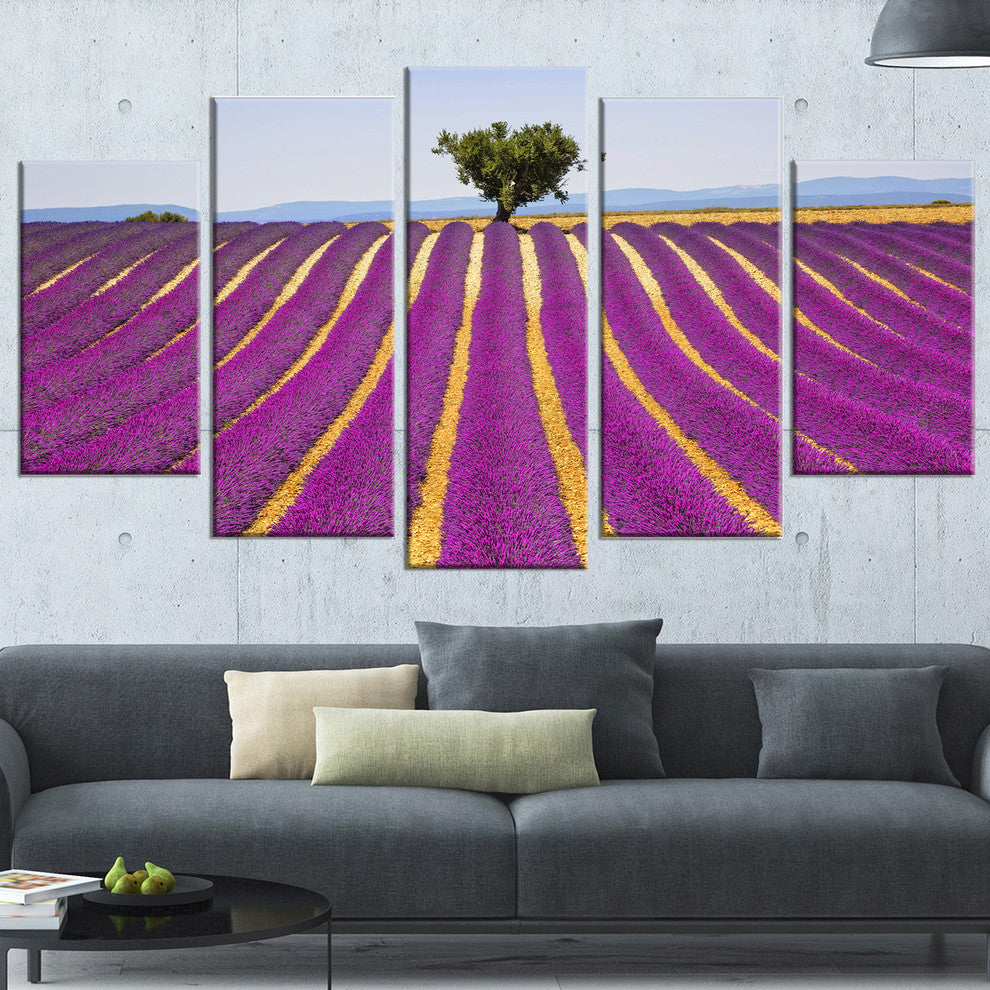 "Lavender And Lonely Tree Uphill" Landscape Wall Art Print, 5 Panels, 60"x32"