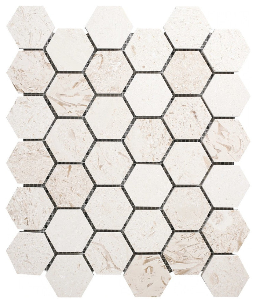 Shell Stone Limestone 2" Hexagon Honed on 12"x12" Mosaic Tile (10 sqft per box)