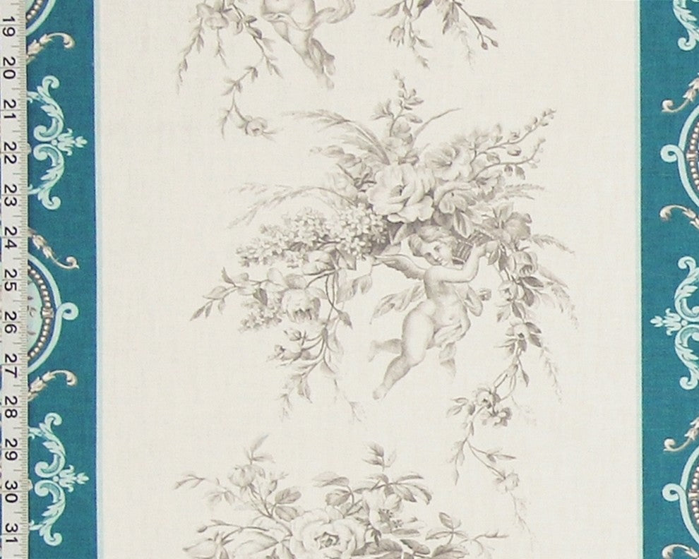 French Angel Toile Fabric Teal Blue Stripe, Standard Cut