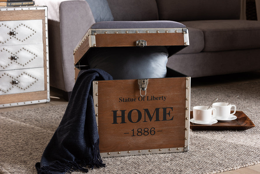 Violetta Vintage Industrial Light Gray Upholstered Storage Trunk Ottoman