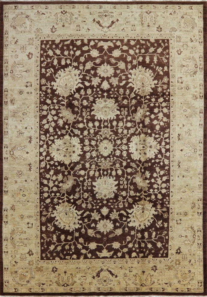 Oushak Style Hand-Knotted Brown Chobi Peshawar Oriental Wool Rug, 10'x14'