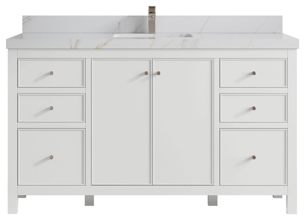 Chicago 60" Single Sink Bathroom Vanity, White 2" Calacatta Sienna Quartz