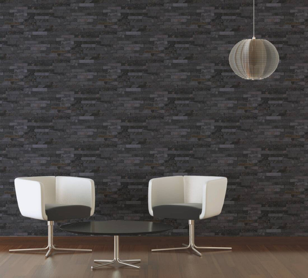 Faux Textured Wallpaper, Stone Wall, Black Gray, One Roll