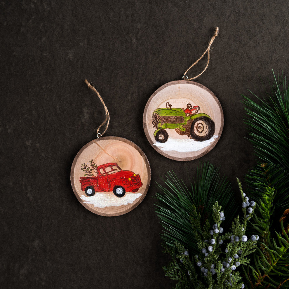 Wood Farm Tree Disc Ornament, Set of 12