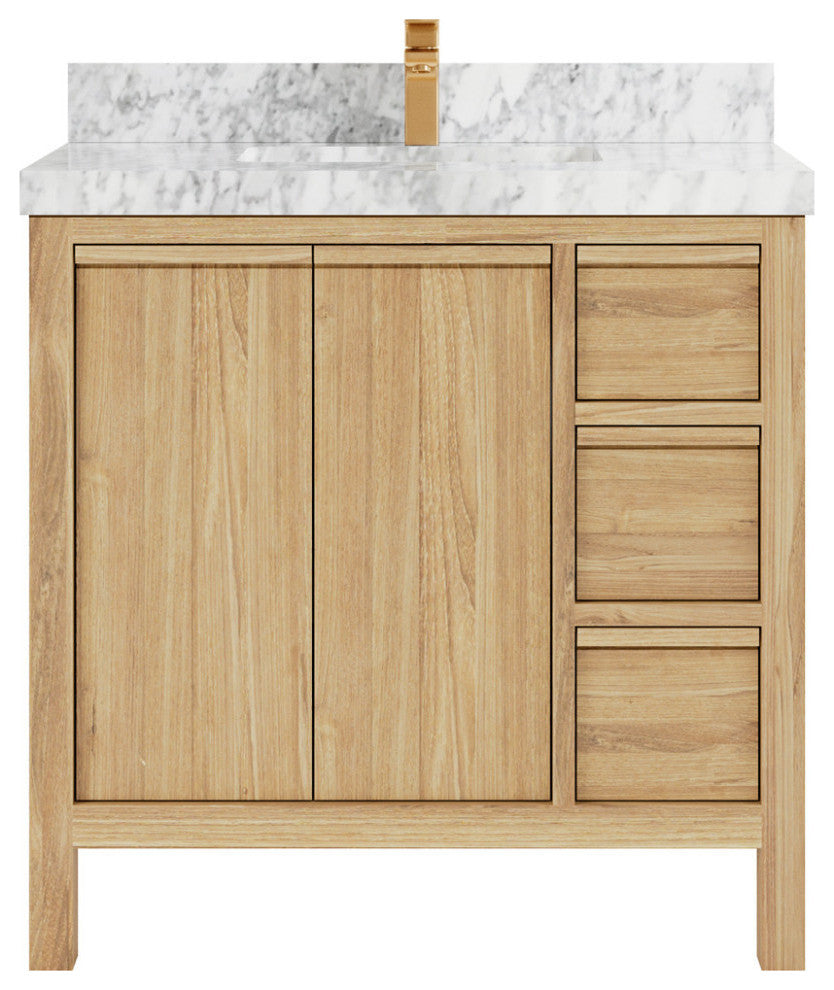 Elizabeth 36 Center Sink Bath Vanity in Light Natural Teak 2" Carrara Marble