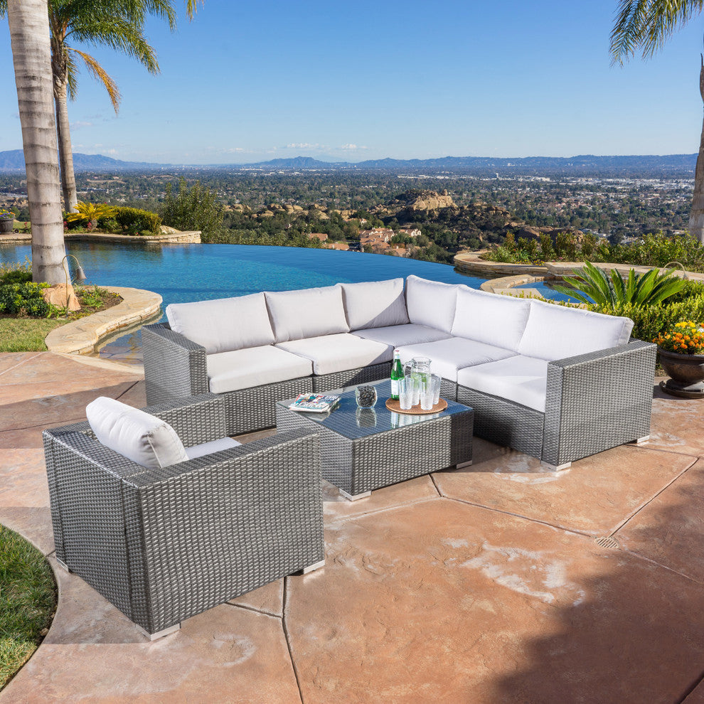 GDF Studio 7-Piece Francisco Outdoor Wicker Seating Sectional Set With Cushions, Gray/Light Gray
