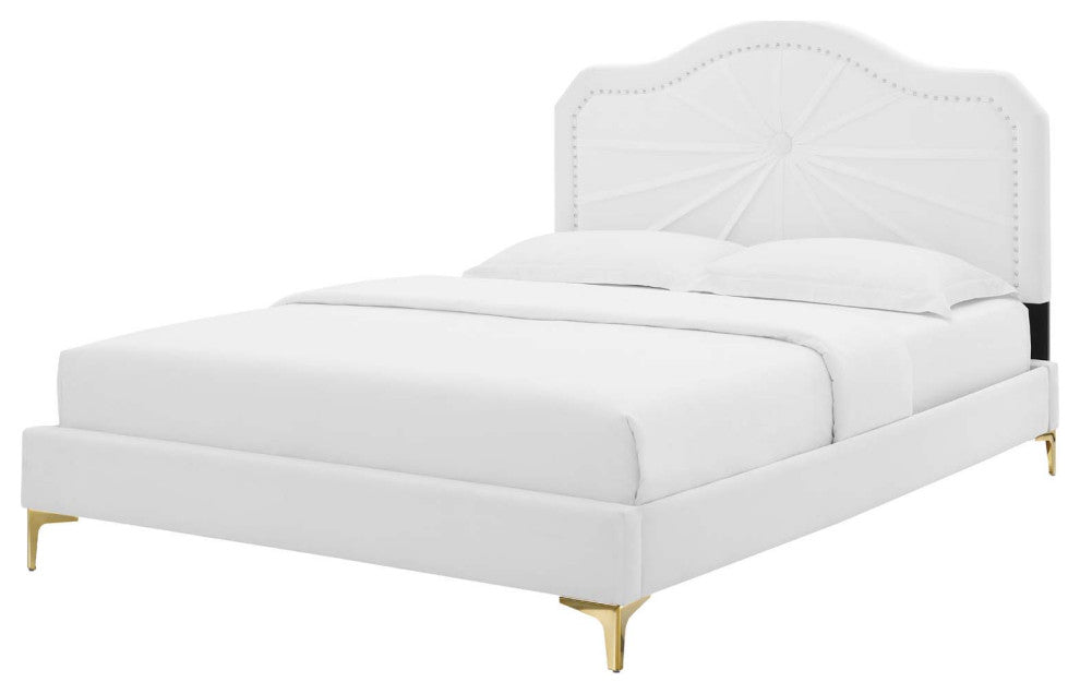Platform Bed Frame, Full Size, Velvet, White, Modern Contemporary, Bedroom