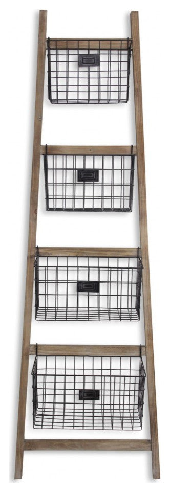 Wooden Ladder Storage Piece With 4 Baskets