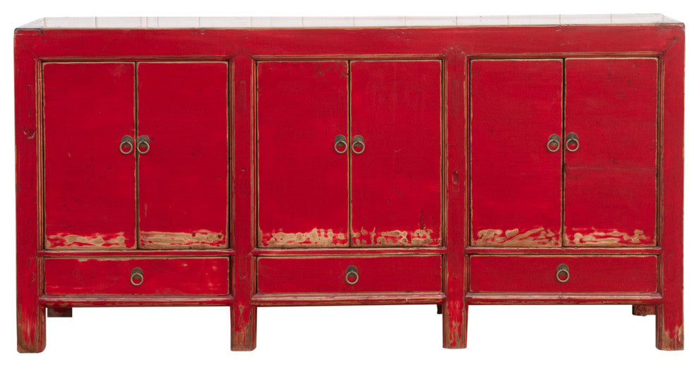 Long Red Lacquered Asian Sideboard