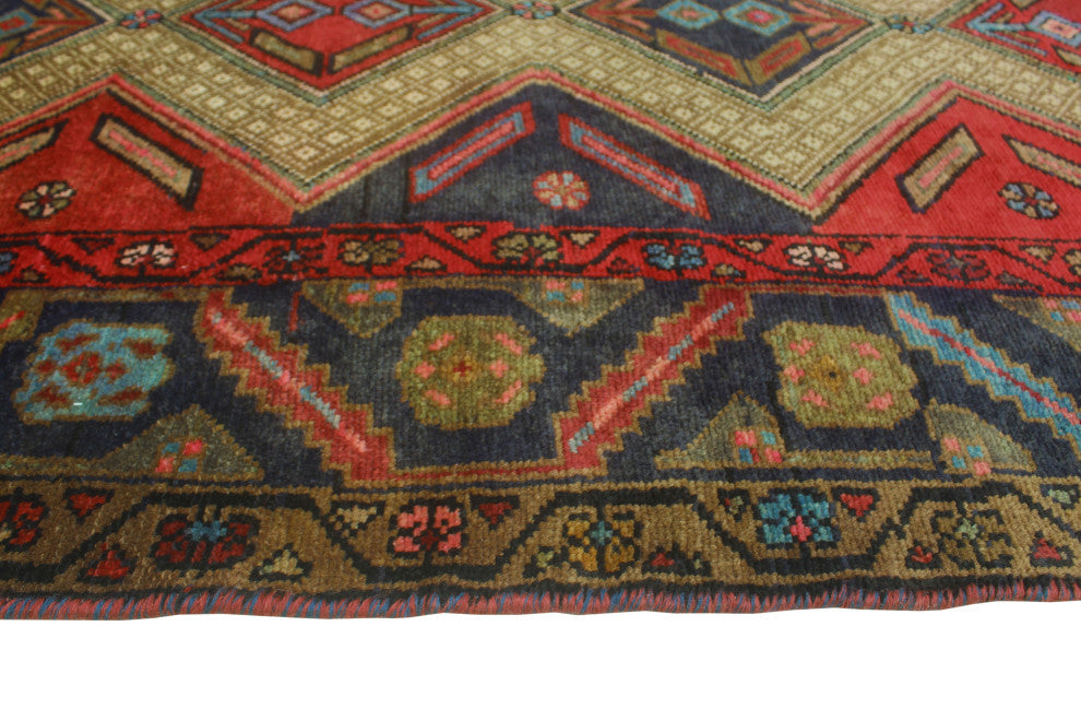 Fine Vintage Distressed Kamil Navy/Red Runner, 3'4x9'7