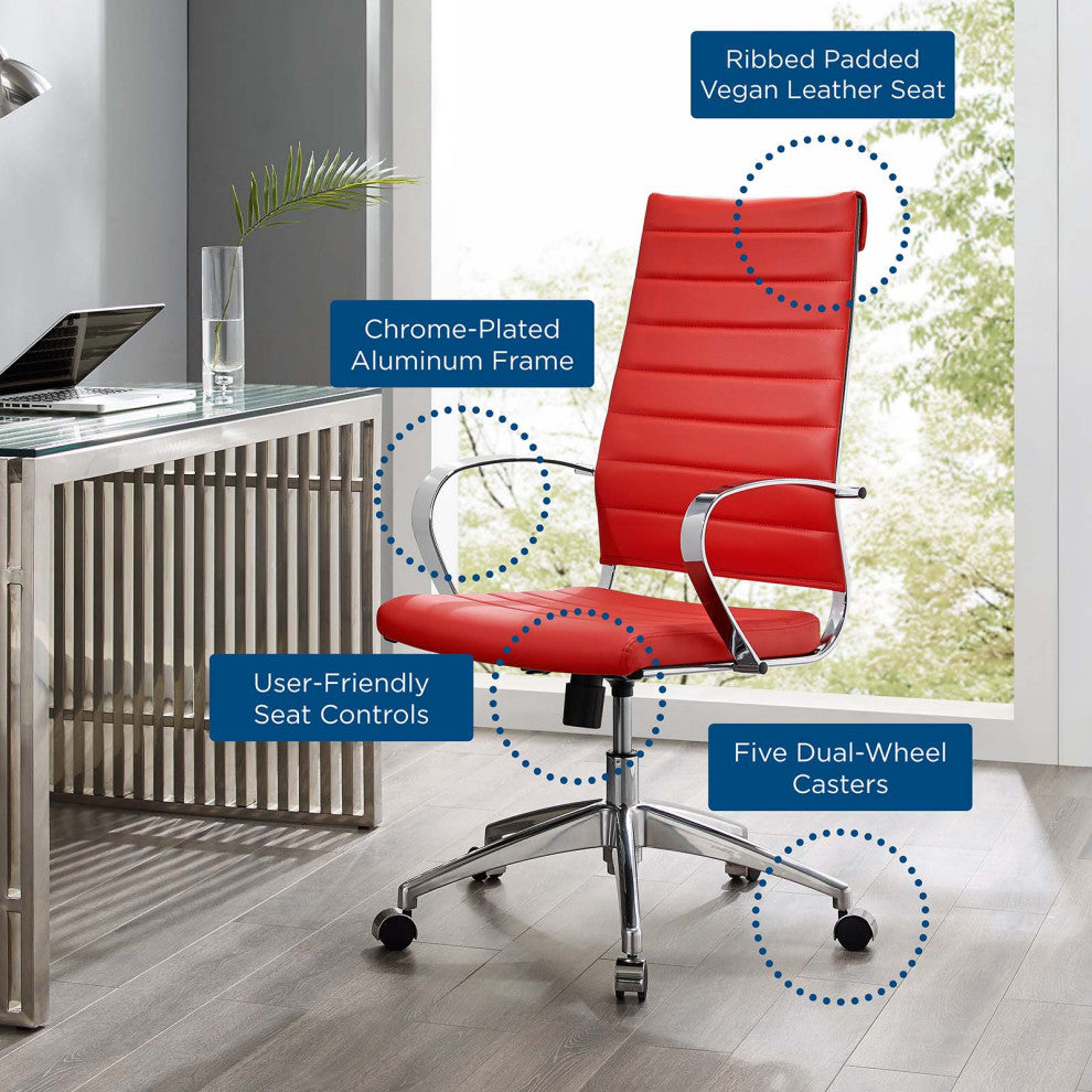 Computer Work Desk High Back Chair, Faux Leather, Red, Home Business Office
