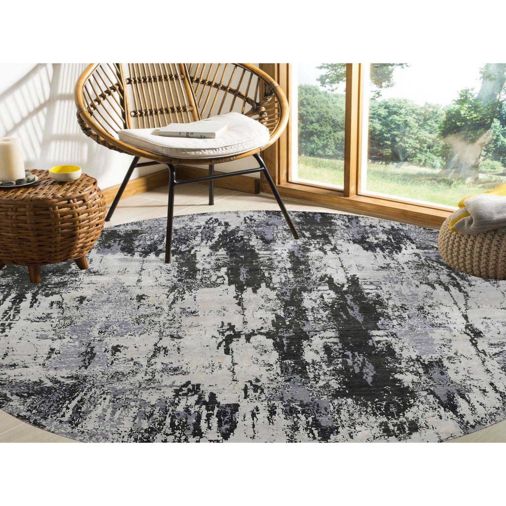Charcoal Gray Wool and Silk Denser Weave Hand Knotted Round Rug, 8'2"x8'2"
