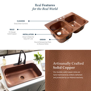Santi 33" Drop-in Copper Double Bowl Kitchen Sink, 3-Hole